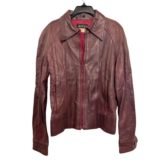 Vintage  Leather Jacket Womens Size 38 Burgundy Full Zip Made In Spain - Picture 1 of 9